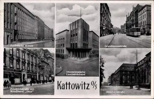 Ak Katowice Kattowitz Oberschlesien, Landesbücherei, Technische Schule, Konditorei Otto