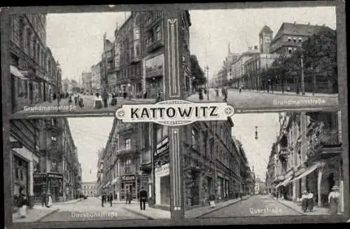 Ak Katowice Kattowitz Oberschlesien, Querstraße, Direktionsstraße, Grundmannstraße