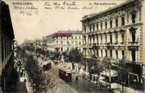 Ak Warszawa Warschau Polen, Stadtansicht von  Straßenbahn und Gebäude, Marszałkowska.