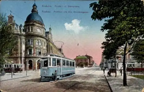 Ak Kraków Krakau Polen, Posthaus und Alte Weichselgasse, Straßenbahn