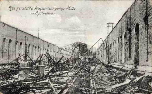 Ak Tschernyschewskoje Eydtkuhnen Ostpreußen, Zerstörte Wagenreinigungs-Halle, Trümmer, Gebäude