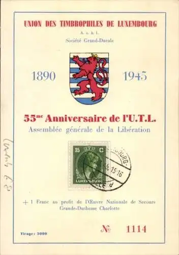 Ak Luxemburg Luxembourg, 55. Jahrestag der Generalversammlung der Befreiung der UTL, Wappen