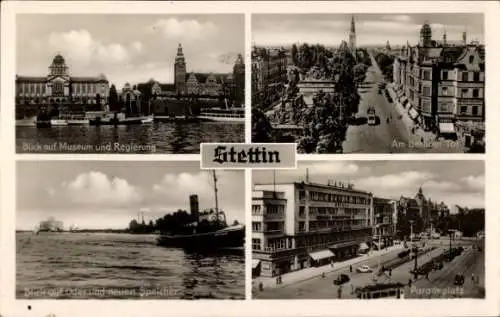 Ak Szczecin Stettin Pommern, Postkarte mit vier Ansichten von  Museum, Berliner Tor, Oder, Par...