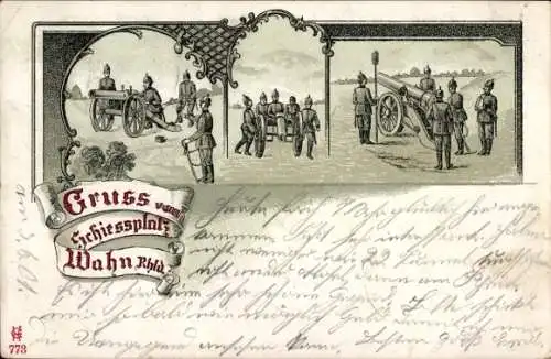 Litho Wahn Köln, Schießplatz Wahn, Soldaten, Geschütz