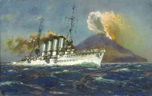 Künstler Ak Bohrdt, Sizilien, Deutsches Kriegsschiff, SMS Breslau, Kleiner Kreuzer, Vulkan Stromboli