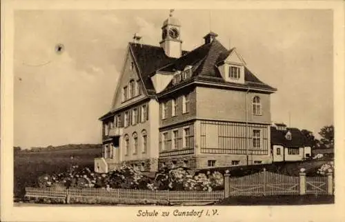 Ak Cunsdorf Elsterberg Vogtland, Blick auf Schule mit Umgebung