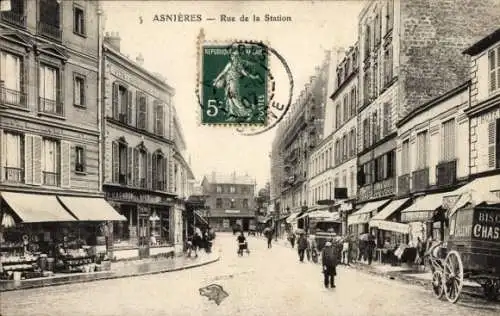 Ak Asnières sur Seine Hauts-de-Seine, Straße mit Geschäften, Poststempel, Hotel, historische A...