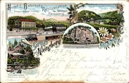 Litho Hainsberg Freital in Sachsen, Hotel & Bahnhof, Restauration, Cossmannsdorf, Einsiedlerhütte