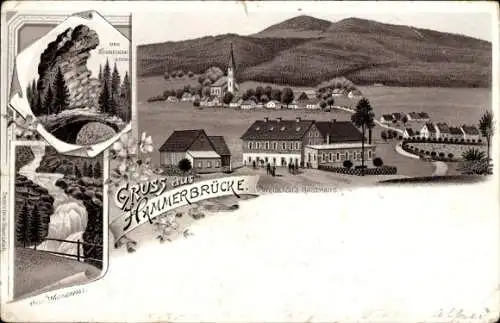 Litho Hammerbrücke Muldenhammer im Vogtland Sachsen, Schneckenstein, Weidlich's Gasthaus