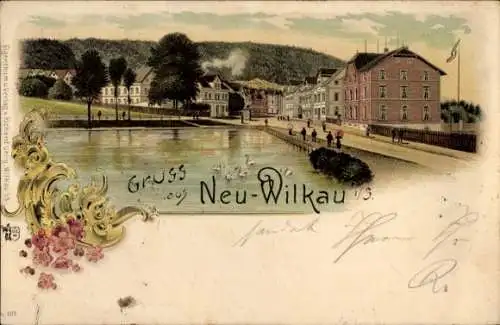 Litho Neu-Wilkau Haßlau in Sachsen, Dorfansicht