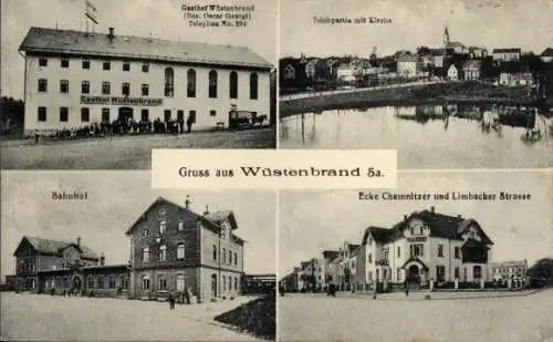 Ak Wüstenbrand Hohenstein Ernstthal, Gasthof, Bahnhof, Teich, Kirche, Chemnitzer Str. Limbacher Str.