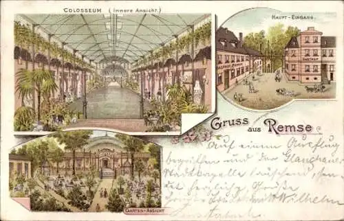 Litho Remse an der Mulde, Colosseum, Gartenansicht, Haupt-Eingang