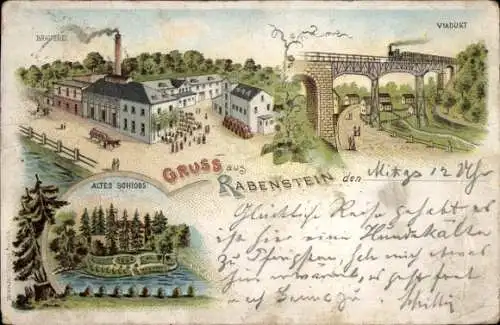 Litho Rabenstein Chemnitz in Sachsen, Brauerei, Viadukt, altes Schloss