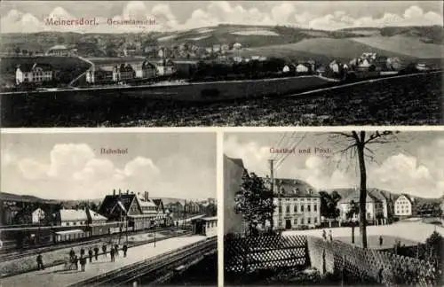 Ak Meinersdorf Burkhardtsdorf Sachsen, Gesamtansicht, Bahnsteig auf dem Bahnhof, Gasthof und Post