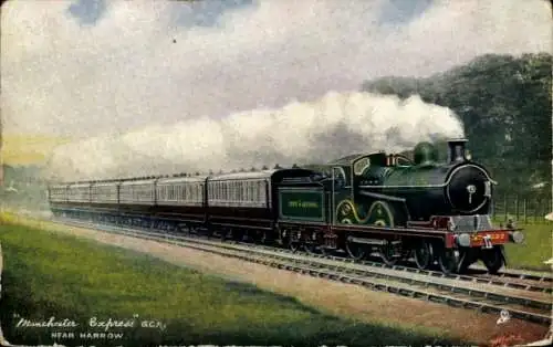Künstler Ak Britische Eisenbahn, Manchester Express bei Harrow, GCR