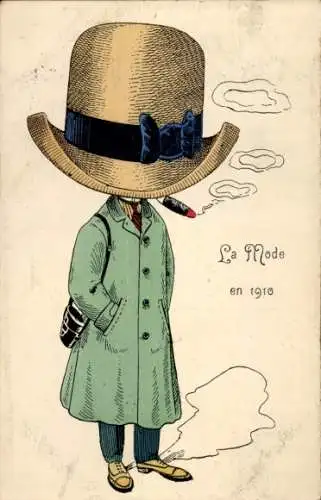 Künstler Ak Die Mode in 1910, Mann mit riesigem Hut, Zigarre, Mantel