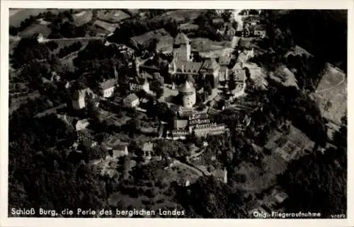 Ak Burg an der Wupper Solingen im Bergischen Land, Fliegeraufnahme, Stadtpanorama, Schloss