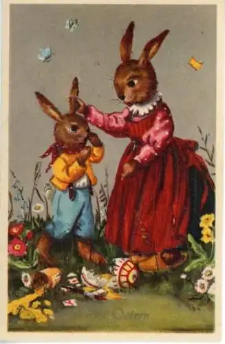 Glitzer Ak Frohe Ostern, Osterhasen, zerbrochenes Osterei