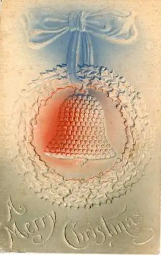 Relief Ak Frohe Weihnachten, Glocke in einem Kranz aus Stechpalmen