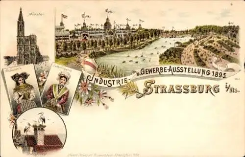 Vorläufer Litho Straßburg Elsass Bas Rhin, Industrie- u. Gewerbe-Ausstellung 1895, Münster, Trachten