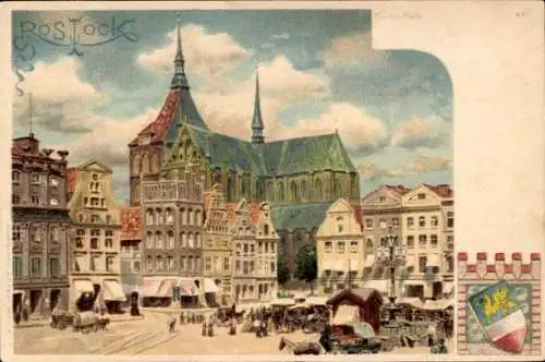 Litho Hansestadt Rostock, Marktplatz, Marienkirche, Wappen
