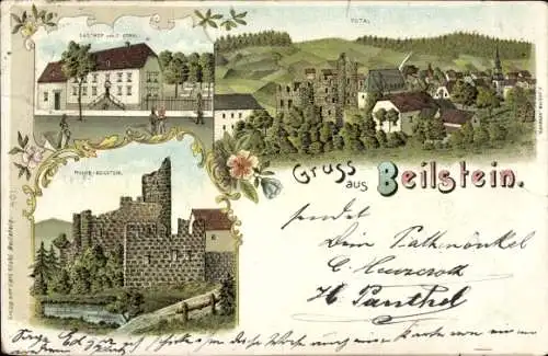 Litho Beilstein Greifenstein Hessen, Gasthof, Gesamtansicht, Ruine Beilstein