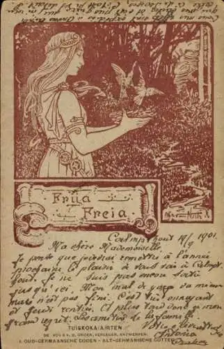 Künstler Litho Friia Freia, Gemaltes Frau-Porträt, Tauben