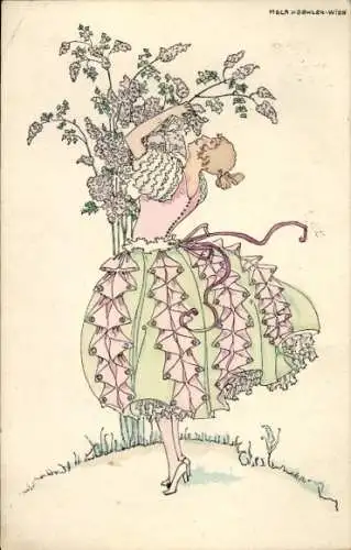 Künstler Ak Mädchen riecht Blumen, Gemaltes Porträt, Kleid