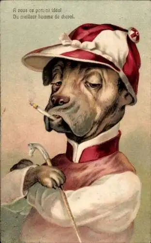 Präge Ak Een Jokey, Hund als Jockey, Reitbekleidung, Zigarette