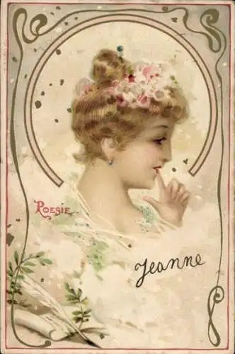 Litho Gemaltes Frau-Porträt, Poesie, Blumen