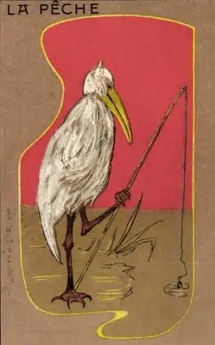 Ak Vogel beim Angeln, Angelrute