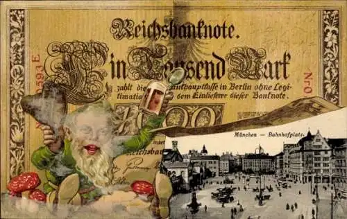 Ak München, Bahnhofplatz, Zwerg, Geldschein