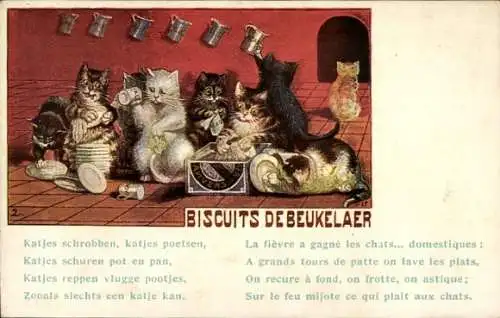 Künstler Ak Biscuits Debeukelaer, vermenschlichte Katzen waschen ab, Reklame