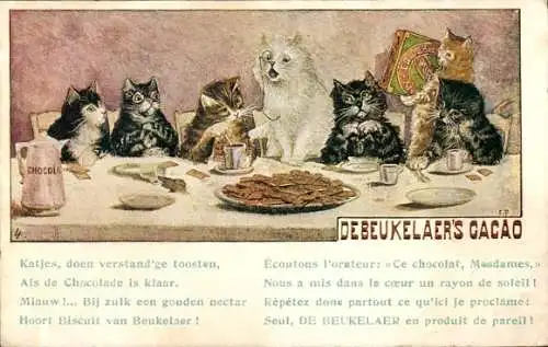 Künstler Ak Debeukelaer Cacao, vermenschlichte Katzen, Reklame