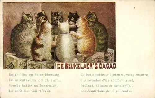 Künstler Ak Debeukelaer Cacao, vermenschlichte Katzen an einem Tisch, Reklame