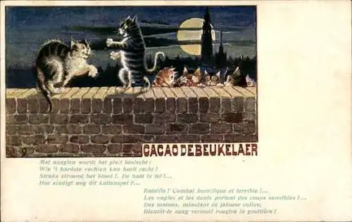 Künstler Ak Katzen, Mondschein, Werbung, Chocolat de Beukelaer