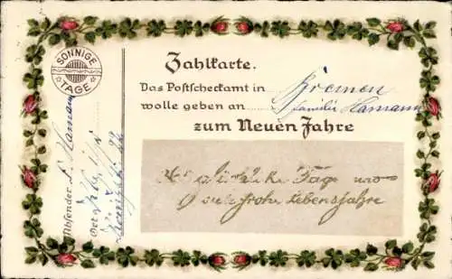 Ak Fröhliches Neujahr, Zahlkarte zum Neuen Jahre, Postscheckamt