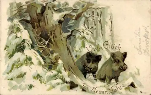 Litho Fröhliches Neujahr, Wildschweine am Waldrand, Winter