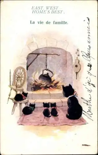 Künstler Ak Katzenfamilie am Kamin, Kessel, Spinnrad, Katzen