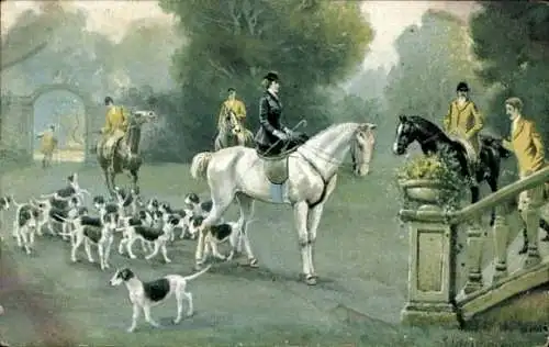 Ak Nach der Jagd, Reiter, Hunde