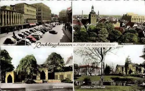 Ak Recklinghausen im Ruhrgebiet, Ehrenmal, Rathaus u. Stadthaus, Teilansicht