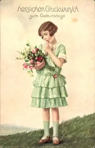 Ak Glückwunsch Geburtstag, Mädchen mit Blumenstrauß