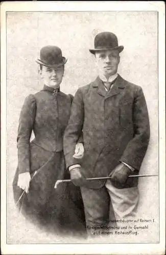 Ak Königin Wilhelmina der Niederlande und Prinz Hendrik beim Reitausflug
