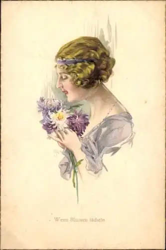 Künstler Ak Junge Frau, Portrait, Profilansicht, wenn Blumen lächeln