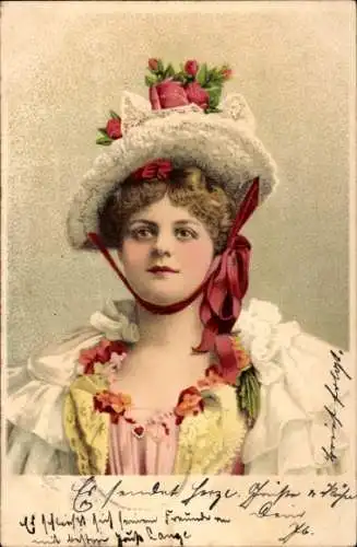 Litho Portrait einer jungen Frau, Kleid, Hut, Blumenschmuck