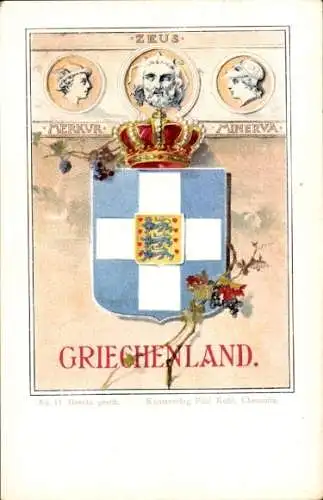 Wappen Litho Griechenland, Zeus, Merkur, Minerva, Mythologie, Kunstverlag Paul Kohl Chemnitz Nr. 11