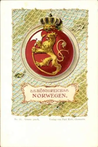 Wappen Litho Königreich Norwegen, Fischernetz, Paul Kohl Chemnitz No. 18