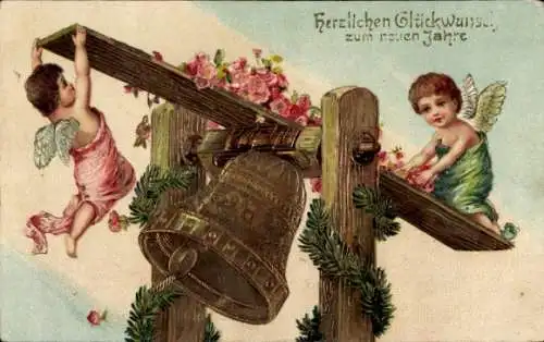 Präge Litho Glückwunsch Neujahr, Engel, Glocke