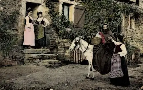 Ak Frankreich, Bauernhof, Reiter, Frauen, Mönch