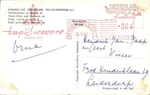 Ak Moordrecht Südholland Niederlande, Koninklijke Vereenigde Tapijtfabrieken, Hoofdkantoor